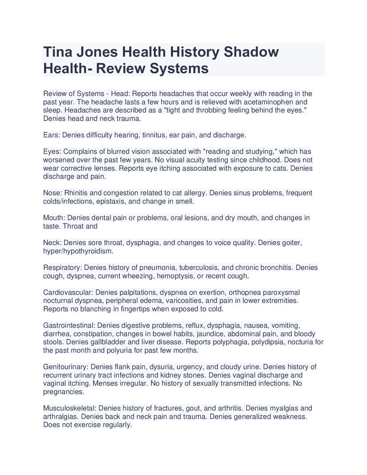 Preview image for Tina Jones Health History Shadow Health- Review Systems